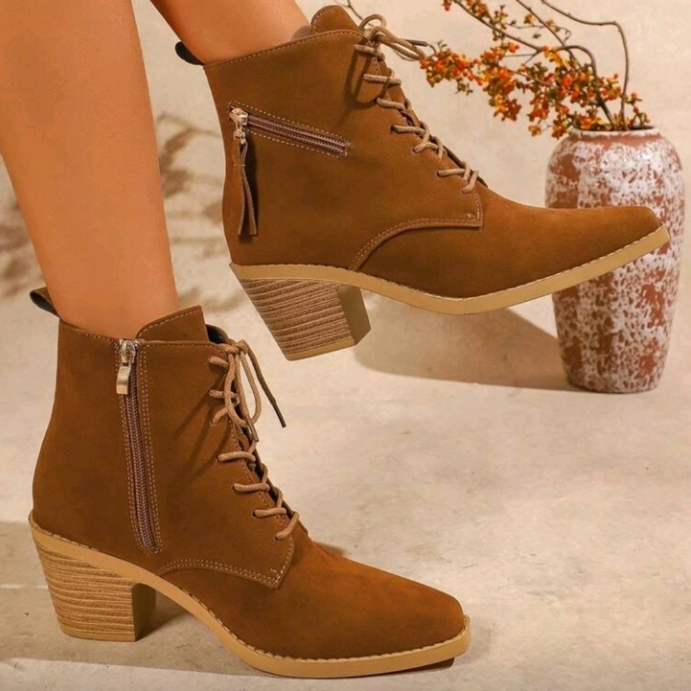 Elegant Tan Brown Faux Suede Chunky Heel Ankle Booties Size 9, EU 41